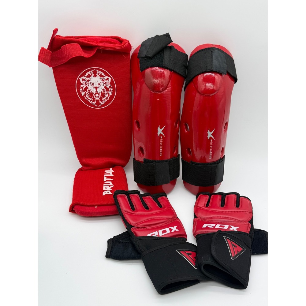 RDX T1R MMA Gloves Whistlekick Shin Guards and Brutal Sleeves Bundle Red Black